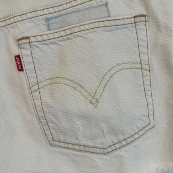 Levis 501 Bleached White Distressed Patched Jean Shorts - Picture 6 of 9